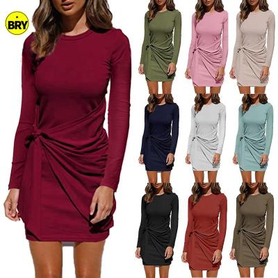 China 2021 summer new hot sale fashion autumn winter Anti-wrinkle tied long sleeve mid length ladies plus size women dresses for sale