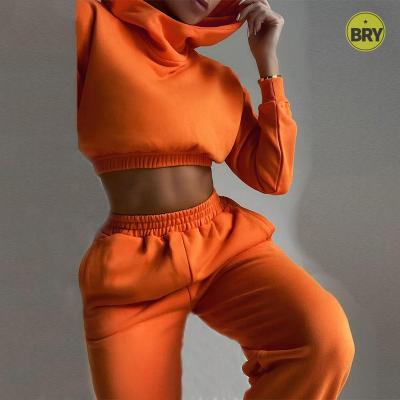 China 2021 Hot Selling Crop Hoodie Women's Set Tracksuit Hoodies Top Women Breathable Cotton Sweatshirts Crop Two Piece Set Outfits For Women for sale