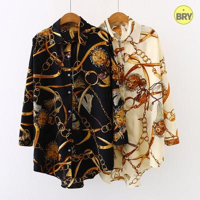 China 2021 New Arrival Women's Breathable Casual Clothes Plus Size S-5XL V-Neck Chain Printed Elegant Chiffon Ladies Long Sleeves Blouses Shirt for sale