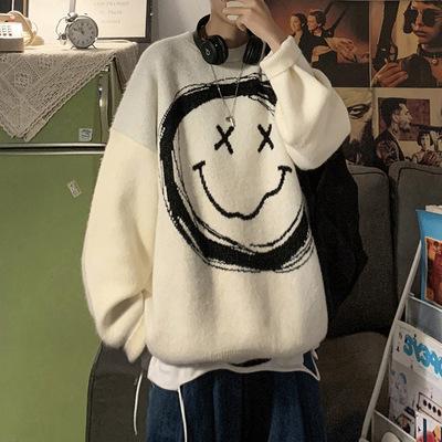 China Anti-pilling 2021 high quality wholesale 100% cotton man clothing designs printed smile animes long sleeve sweater for men for sale