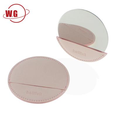 China PU Leather Lighted Small Pink Mirror With Case SMALL Leather Round Mirror Ladies Portable Makeup Mirror for sale