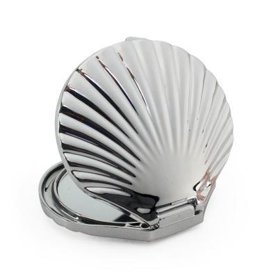 China Custom Shaped Double Sided Silver White Color Small Plastic Shell Logo Mirror Folding Pocket Compact Portable Double Sided Magnifying Mirror for sale