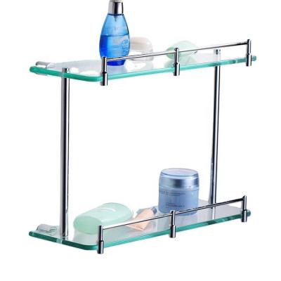 China Modern Style Metal Frame Bathroom Accessory Wall Mounted Type Shelves High Quality Double Row Glass Shelf en venta