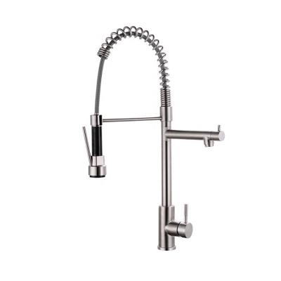 China Pull Out SUS304 Spray Brushed Spring Pull Down Kitchen Sink Faucet Hot And Cold Water Crane Tap Mixer With Double Spout Deck Mounted for sale