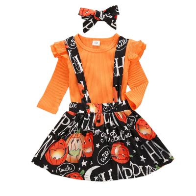 China 2021 Anti-wrinkle Kids Clothing Halloween Party Print Panel Baby Pumpkin Strap Skirt Drop Dress Set for sale