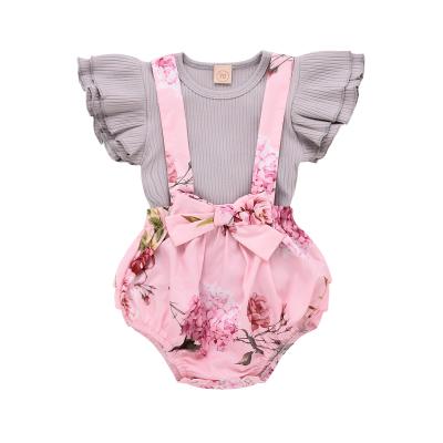 China 2021 New Babies Summer Top Floral Romper Suit Solid Two Piece Sets Casual Pink For Baby Infant for sale