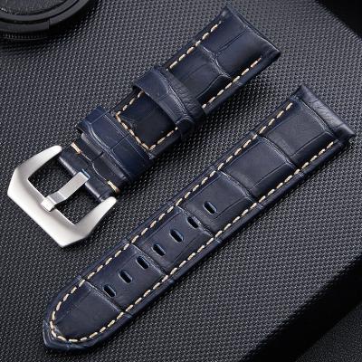 China Luxury Eco-friendly Silver Belt Buckle Crocodile Blue Leather Watch Band 20 22 24 26mm for sale