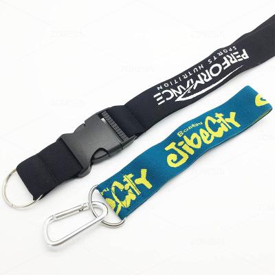 China Gift Promotional Souvenir ZONESIN OEM Label Polyester Neck Strap Jacquard Loose Woven Elastic Lanyard With Carabin Hook for sale