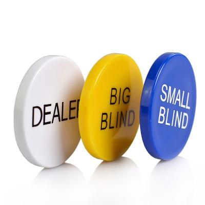 China HOT SALE 3PCS/SET Melamine Acrylic Round Dealer SMALL BLIND/BIG BLIND/DEALER Plastic Coin Buttons Texas Poker Chip Sets for sale