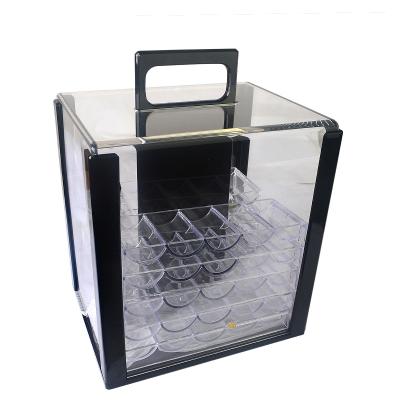 China 1000PCS Acrylic Texas Hold 'em Double Poker Chips Suitcase Cases With Password Transparent Acrylic Open Phone Booths with 10 Chip Trays for sale