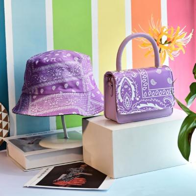 China Wholesale Fashion Women Cross - Body Bags Ladies PU Paisley Bandana Print Bag Bucket Hats And Purse Leather Purple Handbags for sale