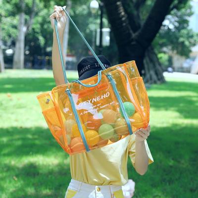 China 100% Eco-Friendly Summer Tote Stripe PVC Shoulder Bag Waterproof Semi-Clear Works Tote Purse Beach Bag Large for sale