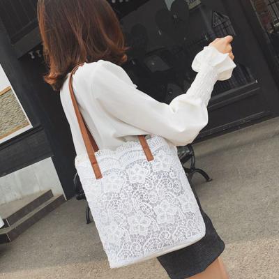 China Vintage Large Capacity 2 in 1 Drawstring Set Lace Tote Bag 2021 Ladies Casual Handbags Leather Trim Handle Shoulder Bag for sale