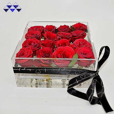 China Flower Display 16 Holes Deluxe Clear Acrylic Rose Flowers Preserved Box Mounted for sale