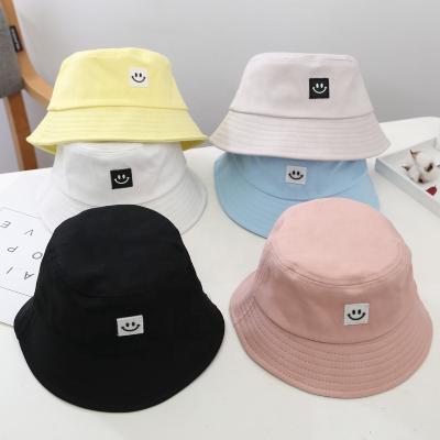 China Checked Smiling Face Summer Panama Cotton Kids Bucket Hats Boys Girls Beach Cap Kids Fisherman Hat for sale