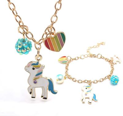 China Fashion Cute Charm Necklace Bracelet Set Unicorn Pendants Girls Kids Heart Chain Jewelry Set Lovely for sale