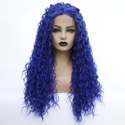 China Kinky Curly Synthetic Heat Resistant Fiber Lace Curl Medium Part Cosplay Wigs Front Blue Wig Glueless Loose For Women for sale