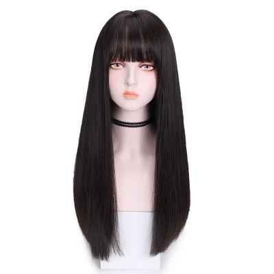 China 100% Synthetic Hair Factory Direct Straight Hair Black Long Natural Hair Bangs Full Synthetic Wig for sale