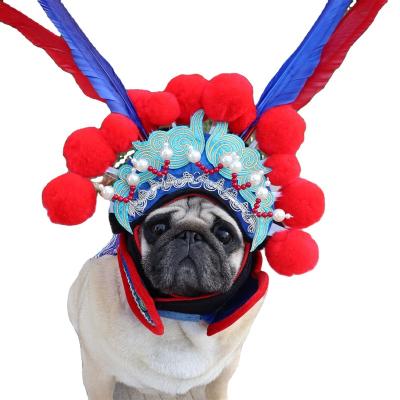 China Sustainable Pet Hat Spun Hat Dog Net Headwear Dawusheng Red Chinese Style Singing Peking Opera Hat for sale