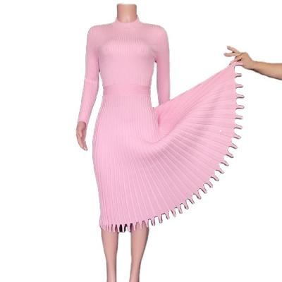 China 2021 Hot sale office lady breathable mid length sweater knitted solid color dress women pleated elegent dresses for sale