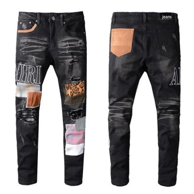 China Fashion Beggar Pants Ripped Patches Leopard Patch Breathable Pants Black Slim Gradient Jeans for sale