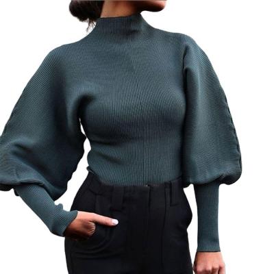 China 2021 New Fashion Solid Color Lantern Sleeve Sweater Turtle Neck Sweater Breathable Knitted Tops Long for sale