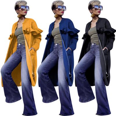 China 2020 Anti-wrinkle Women Solid Color Long Ruffle Overcoat Women Autumn Clothing Jackets for sale