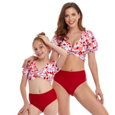 China 2021 breathable new parent-child swimwear puff sleeve bikini set of swimsuit for sale