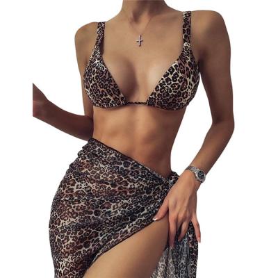 China New Triangle Cup Leopard Print Breathable Sexy Strappy Bikini Swimwear Three Piece Swimsuit for sale