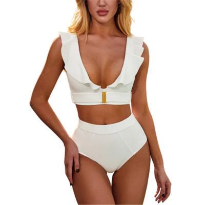 China Breathable Front Loop Ruffled White Swimsuit Bikini Set Swimwear for sale