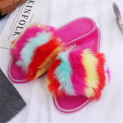 China 2021 New Trend Fashion Rainbow Plush Home Slippers Lady Multicolor Lady Sandals Round Flat Couples External Wear for sale