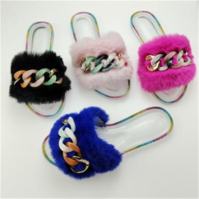 China Fashion Trend Fur Home Slippers Jelly Transparent Wide Sequin Chain Ladies Flat Sandals and Slippers for sale