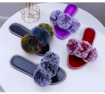 China Trend 2021 fashion spring and summer new fur ball ladies slippers candy color fur home leisure flat sandals and slippers for sale