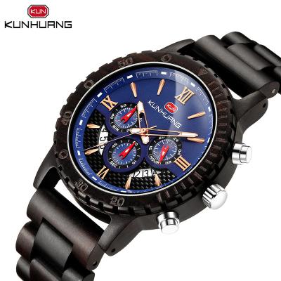 China Kunhuang Unisex Wood Watch For Three-eye Multifunctional Six-pin Chronograph Watches Man Fashion Sports Luminous Quartz Wristwatch for sale