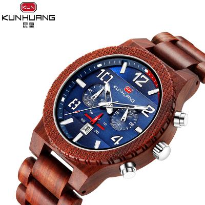 China Kunhuang watch men's fashion multi-function chronograph wooden watch unisex simple pure wood quartz sports wristwatch for sale