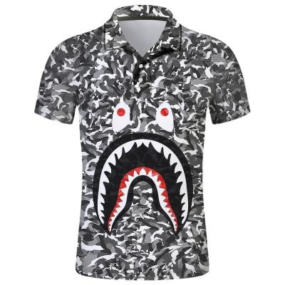 China Anti-Wrinkle 2022 Summer Hot Sale 3D Digital Printing Lapel Printing Short Sleeve Bape Shark Head Camouflage Quilting Men's Polo Shirt for sale