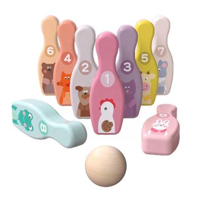 China Eco-friendly Wooden Material Cute Cartoon Bowling Pins Animal Balls Toy Garden Game Indoor Sport Interactive X9z5 for sale