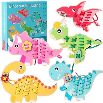 China 100% Eco-friendly 5Pcs Dinosaur Puzzle Wooden Threads Develop Children's Cognitive Ability Kindergarten Learning Toy Wear Resistant for sale