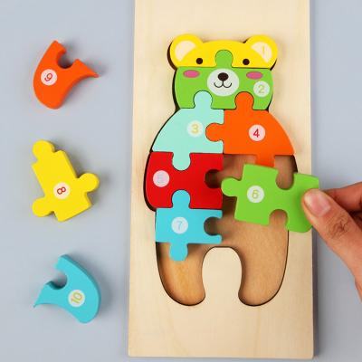 China Lovely Cartoon Dinosaur Educational Wooden Number Jigsaw Puzzle Toys Children Kids Animal Bear Shape Children Wooden Puzzles Educational Toy for sale