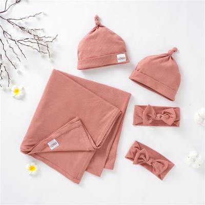 China Bamboo Cotton Baby Blanket Headband And Hat Set, Ribbed Baby Wraps 120x120cm for sale