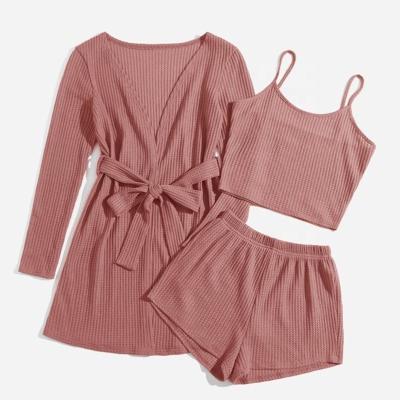 China Breathable Summer 3pcs Custom Waffle Knit Womens Belted Lounge Set, Women Tracksuit Set for sale