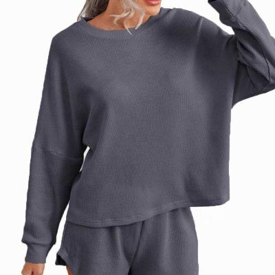 China Wholesale Breathable Solid Waffle Knit Drop Long Sleeve Women Lounge Set for sale