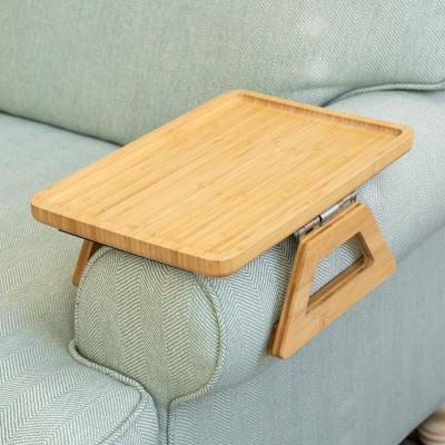 China Vintage Home Couch Around Foldable Clip On Armrest Tray Table Bamboo Wooden Sofa Arm Tray for sale