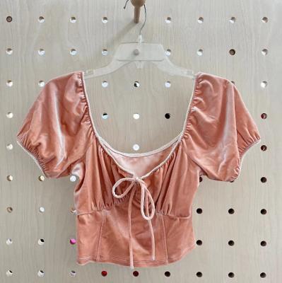 China Blush Velvet Top With Elastic Pico Trim for sale