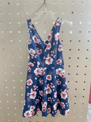 China Navy Print Wide Straps Dress With V Neck Trim for sale