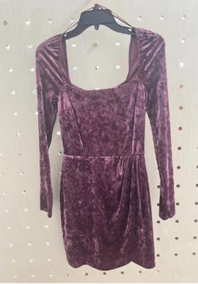 China Luxury High-Shine  Wine Velvet Dress With Long Sleeve for sale