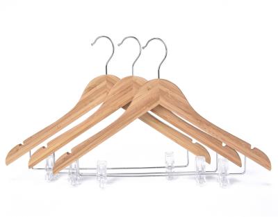 China Eco-Friendly / Durable Bamboo Wooden Hangers with Durable Adjustable Metal Clips 360 Swivel Hook, Shoulder Notch for sale