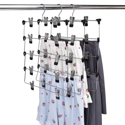 China Modern Multifunctional 5 Row Hanger Metal Foldable Portable Trouser Skirt Hanger with Clips and Hook 360 Rotating for sale