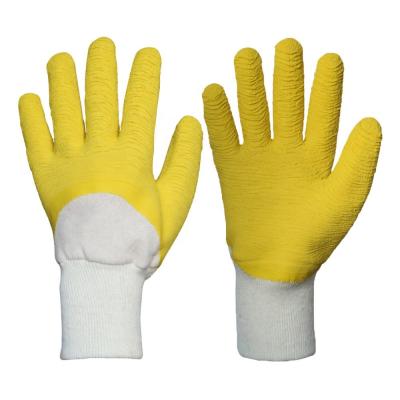 China Heavy duty knitted construction wrist tank top striping palm wave crease finish safety half work yellow latex ply coated hand dipped gloves for sale