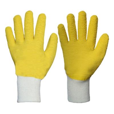 China Construction Heavyweight Knitted Wrist Tank Striping Palm Ply Finish Hand Safety Yellow Latex Fully Dipped Ply Coated Work Gloves for sale